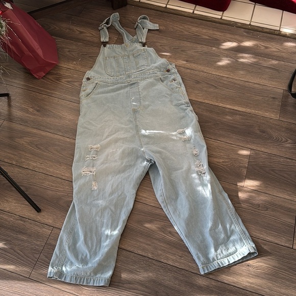 Distressed light blue drop crotch Japanese denim overalls one size baggy - Picture 1 of 10